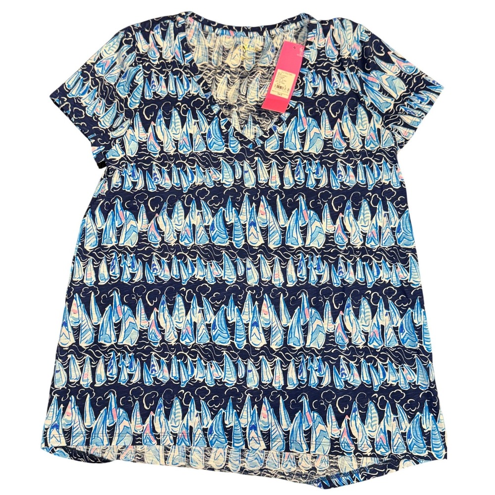 NWT Lilly Pulitzer Etta V-Neck T-Shirt Navy Sails and Stripes Sailboat Size S